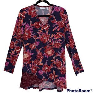 Susan Graver Floral Tunic Colorful Contrast Print Long Sleeves Size Small
